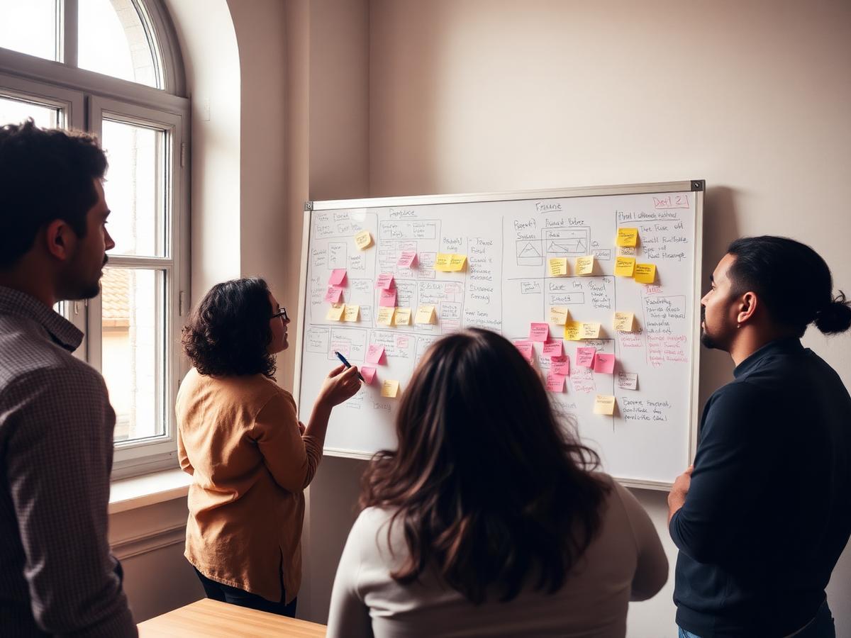 Small team standing at a whiteboard covered with diagrams and sticky notes during a planning session