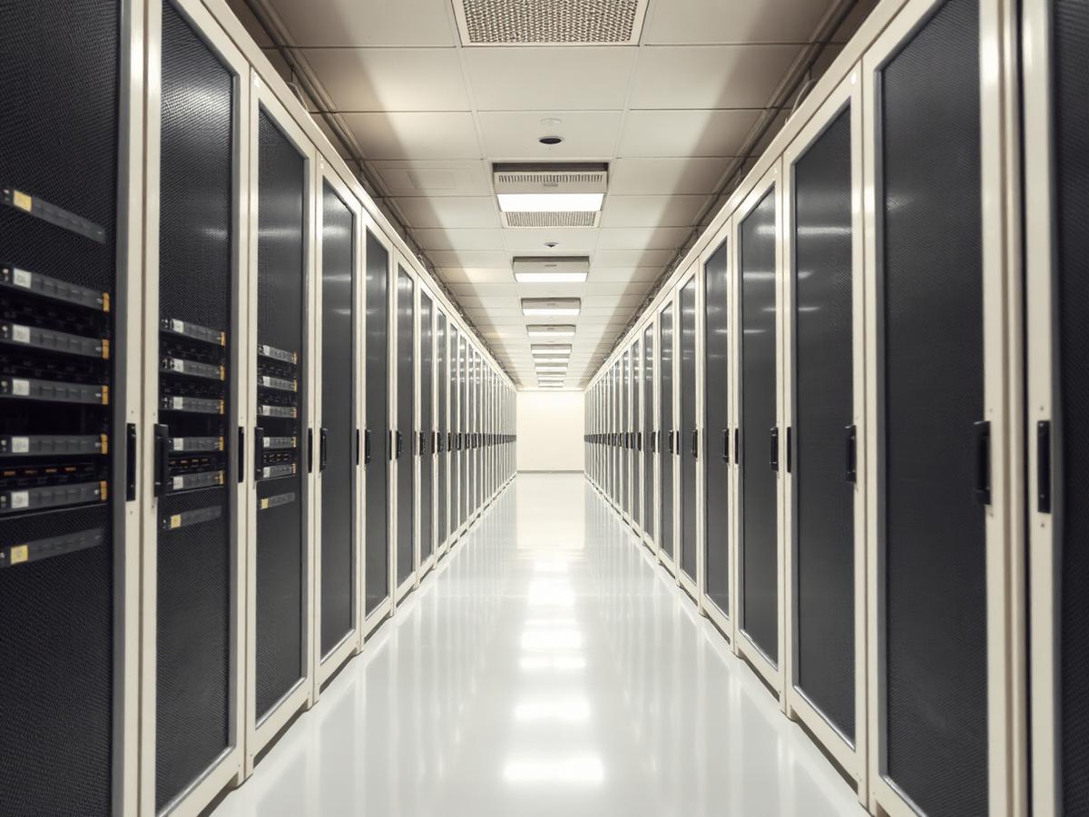 Symmetrical corridor between rows of server racks in a clean, brightly lit data hall