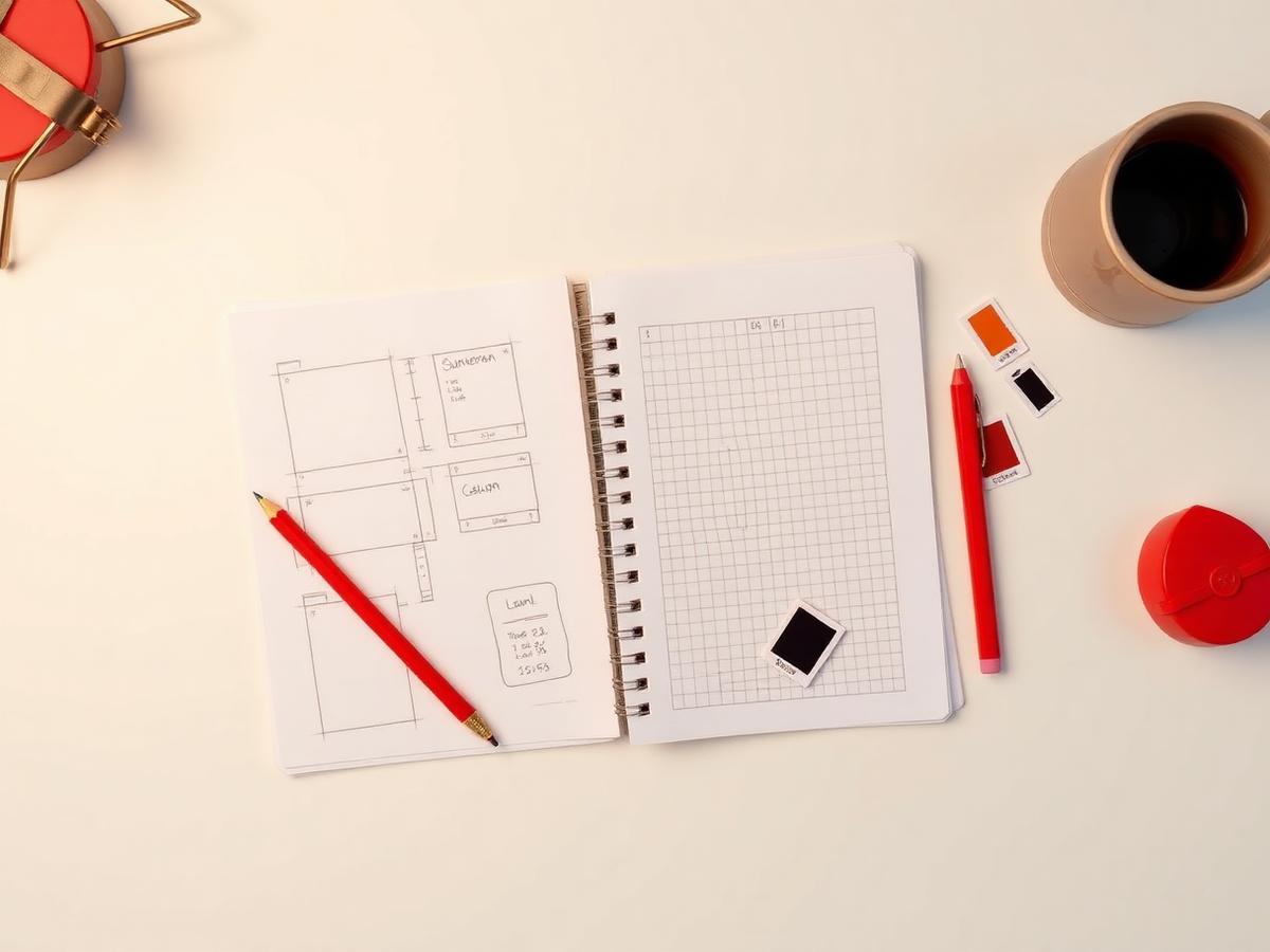 Overhead view of a design desk with grid notebook, wireframe sketches, pencil and colour swatches