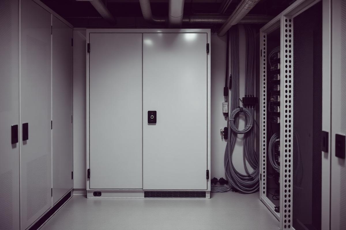 Secured technical cabinet with closed steel doors beside neatly managed network cabling